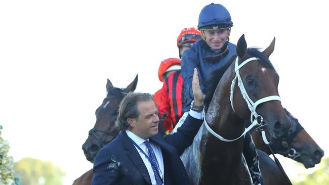 Coolmore Australia boss Tom Magnier walks Shinzo back after his win in the 2023 Golden Slipper. Picture: Getty Images