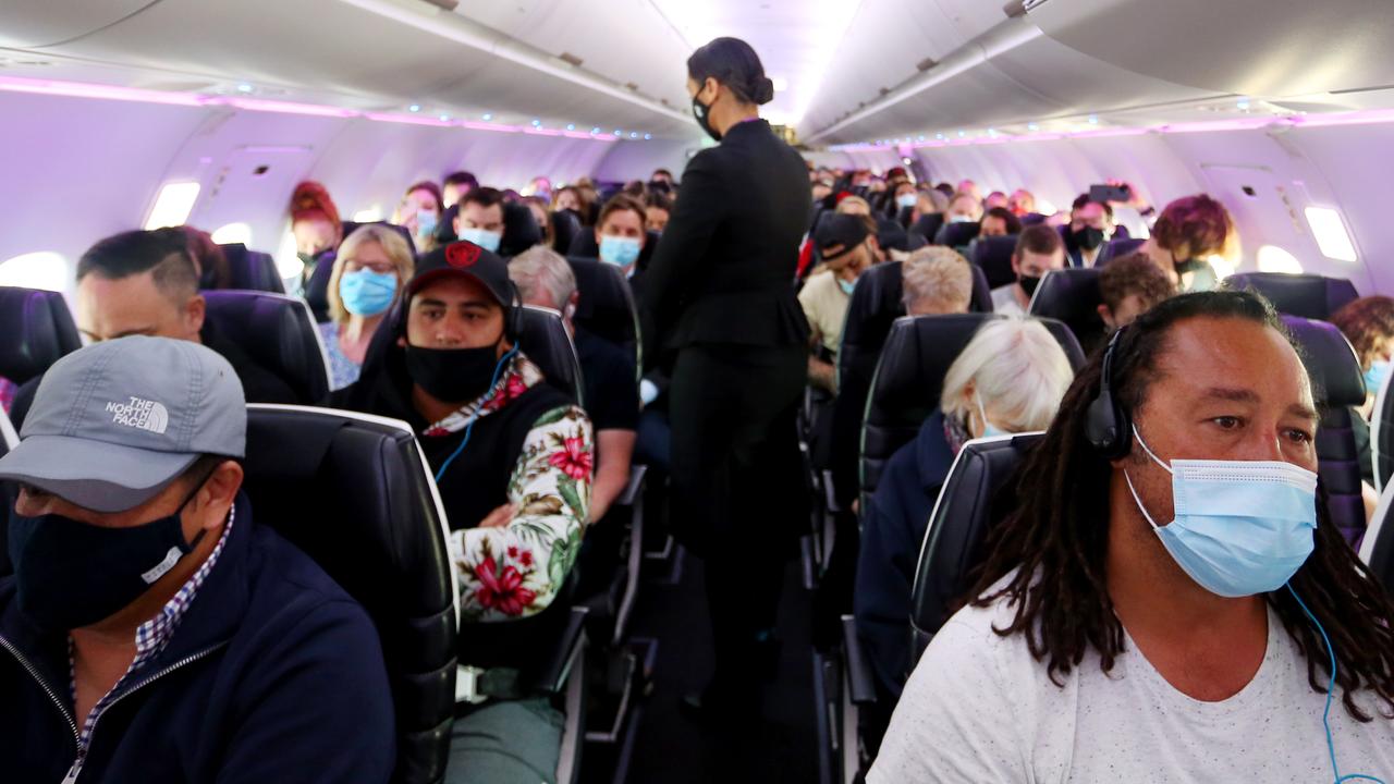 Passengers onboard Air New Zealand flight number 246 destined for Wellington on April 19, 2021 in Sydney. Picture: Lisa Maree Williams/Getty Images