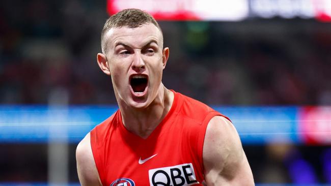 SYDNEY, AUSTRALIA - AUGUST 09: Chad Warner of the Swans celebrates a goal during the 2024 AFL Round 22 match between the Sydney Swans and the Collingwood Magpies at The Sydney Cricket Ground on August 09, 2024 in Sydney, Australia. (Photo by Michael Willson/AFL Photos via Getty Images)