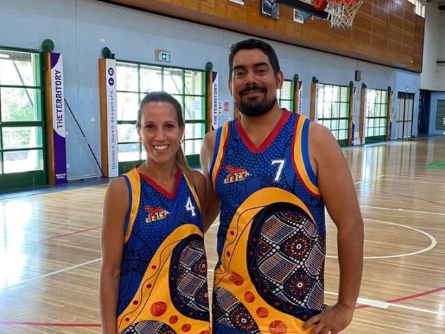 Tracy Village Jets’ Kylie Duggan, with Alex Weetra, has been a competition leader for assists, blocks, steals and rebounds this season. Picture: Darwin Basketball Association.