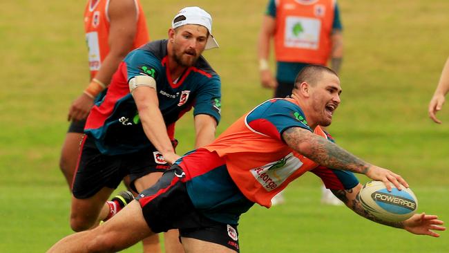 Russell Packer scores during a game of touch footy in a St George Illawarra training session.