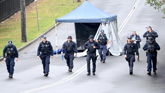 Police search the scene at North Parramatta. Picture: Jeremy Piper