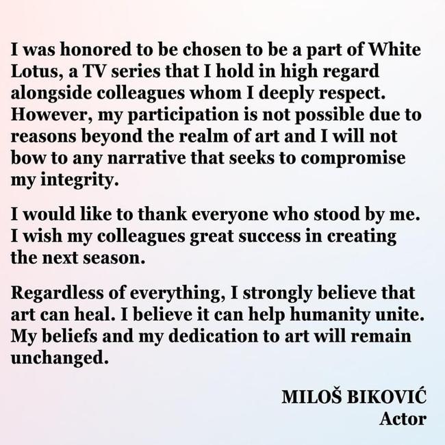 Biković posted this scathing response after HBO fired him from The White Lotus.