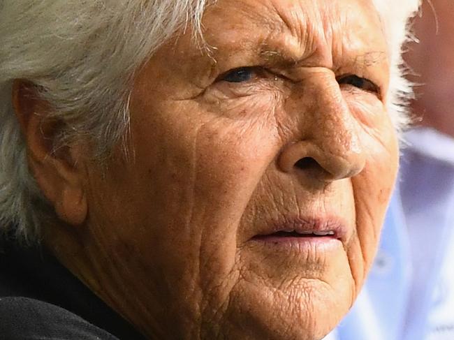 ADELAIDE, AUSTRALIA - APRIL 11: Dawn Fraser and John Bertrand the Swimming Australia President watch on during day five of the Australian Swimming Championships at the South Australian Aquatic & Leisure Centre on April 11, 2016 in Adelaide, Australia. (Photo by Quinn Rooney/Getty Images)