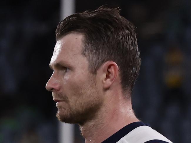 MELBOURNE, AUSTRALIA - AUGUST 17:  Patrick Dangerfield of the Cats looks on after the round 23 AFL match between St Kilda Saints and Geelong Cats at Marvel Stadium, on August 17, 2024, in Melbourne, Australia. (Photo by Darrian Traynor/Getty Images)