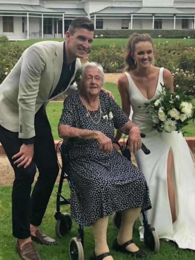 Josh and Hannah Jenkins with Edith Casey at their 2018 wedding. Picture: Instagram