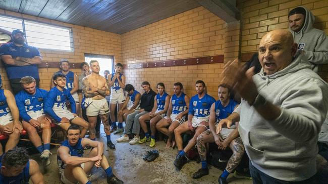 Officer coach Daniel Charles addresses his players last season. Picture: Valeriu Campan