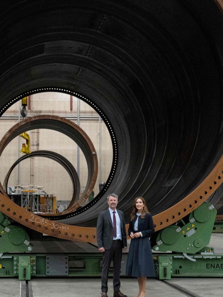 King Frederik and Queen Mary visit Danish large-scale steel constructions manufacturer in Vejle. Picture: AFP