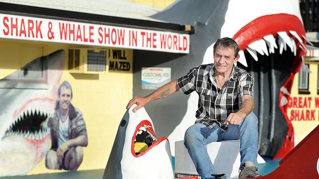 Vic Hislop out the front of his newly reopened shark show in 2013.Photo: Alistair Brightman / Fraser Coast Chronicle