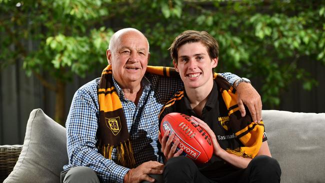 Will Day, with grandfather Robert, after the Hawks picked him in the 2019 draft. Picture: Keryn Stevens