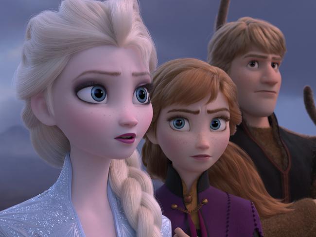 This image released by Disney shows Elsa, voiced by Idina Menzel, from left, Anna, voiced by Kristen Bell, Kristoff, voiced by Jonathan Groff and Sven in a scene from the animated film, "Frozen 2." (Disney via AP)