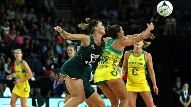 Australia’s Kelsey Browne is defended by South Africa’s Shadine Van der Merwe in the Quad Series Test match in Auckland. Picture: Renee McKay/Getty