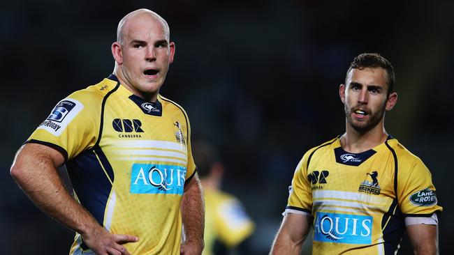 White with Stephen Moore whilre playing for the Brumbies in 2015. Picture: Hannah Peters