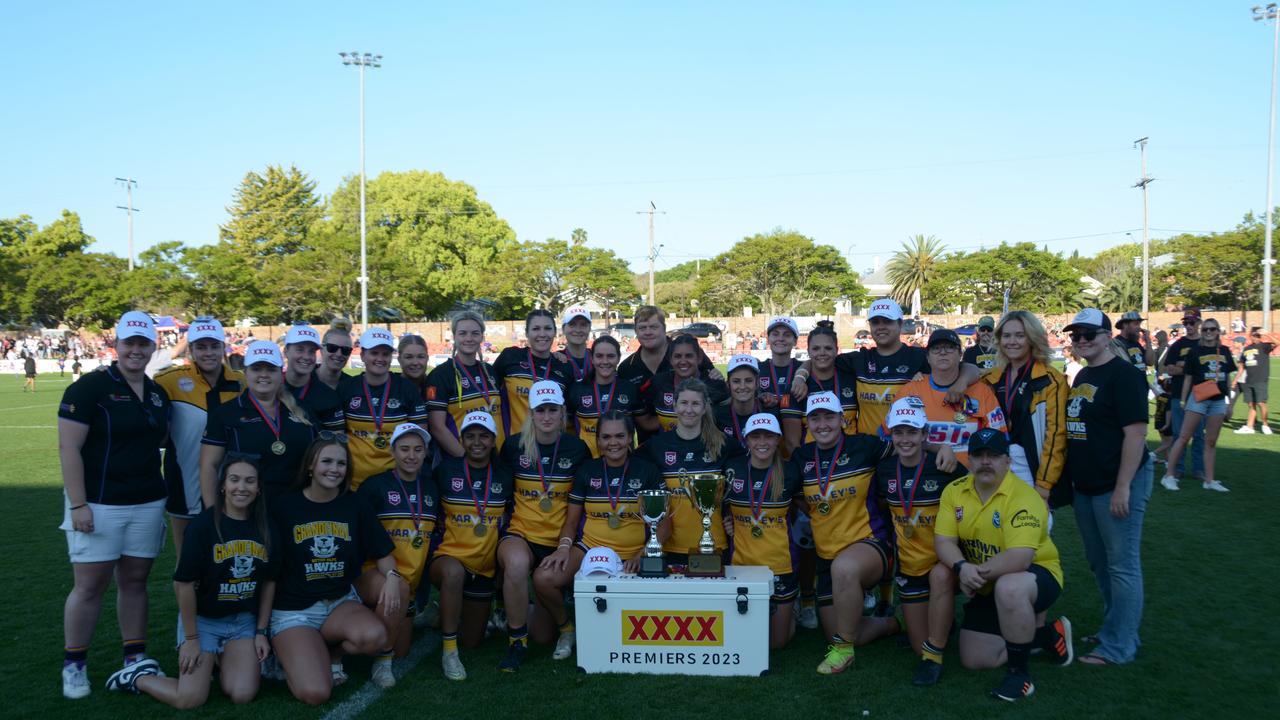 Gatton Hawks women celebrate winning the 2023 premiership.