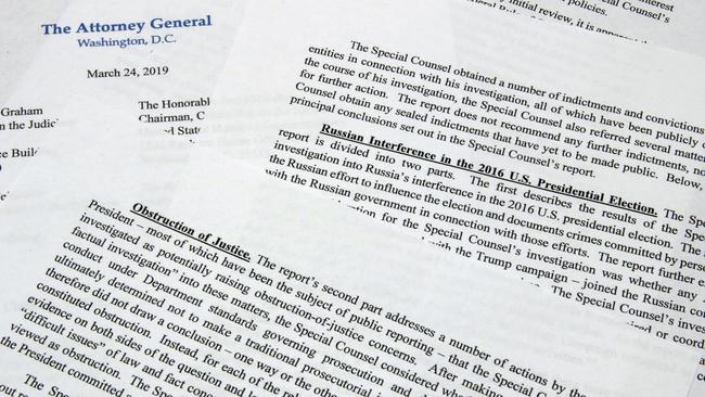 The letter from Attorney-General William Barr to Congress on the conclusions reached by special counsel Robert Mueller in the Russia probe. Picture: AP 