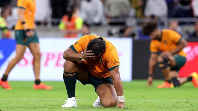 LYON, FRANCE - SEPTEMBER 24: Pone FaÃ¢â¬â¢amausili of Australia reacts following the Rugby World Cup France 2023 match between Wales and Australia at Parc Olympique on September 24, 2023 in Lyon, France. (Photo by Alex Livesey/Getty Images)