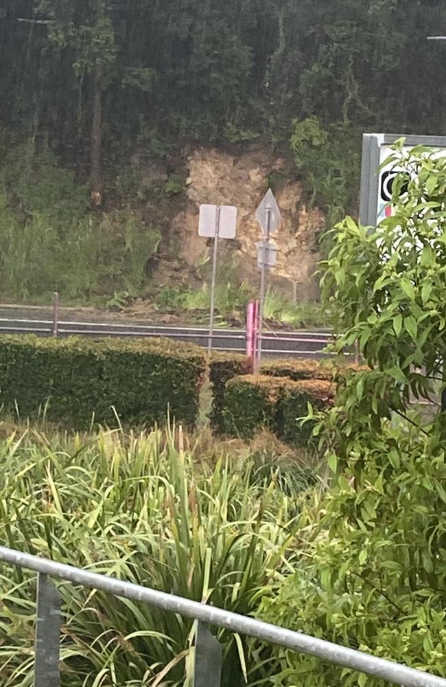 A landslide partially blocks a roadway near the stadium entry. Picture: Facebook / Supplied.