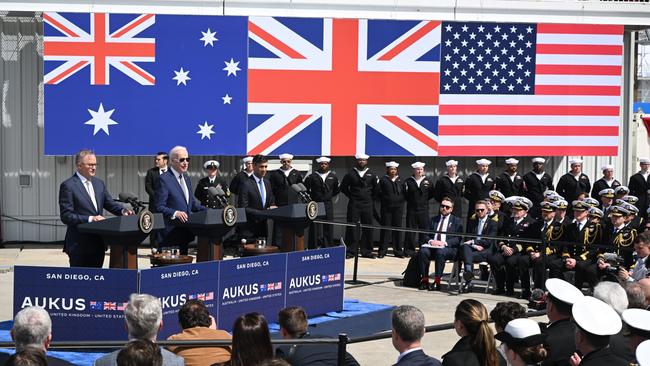 Anthony Albanese, Joe Biden and Rishi Sunak (R) hold a press conference after a trilateral meeting during the AUKUS summit. Picture: Getty Images