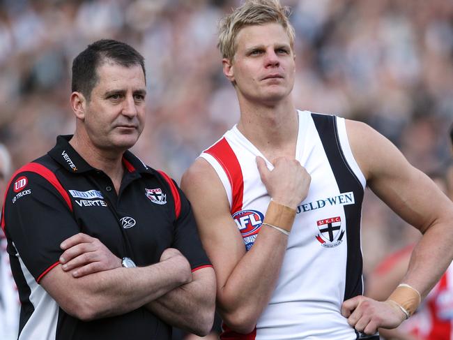 2010 Grand Final REPLAY. St Kilda v Collingwood. MCG. St Kilda coach Ross Lyon and captain Nick Riewoldt watch Collingwood recieve the cup.