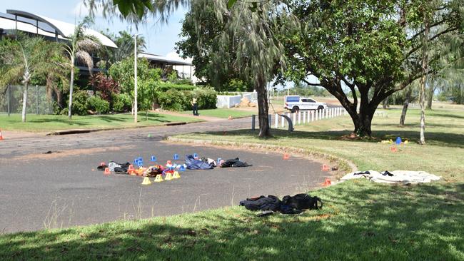 NT Police Major Crash Investigation Unit examining the scene of a suspected hit-and-run at Trower Rd, Brinkin, in which three people suffered serious injuries, April 19, 2024. Picture: Alex Treacy