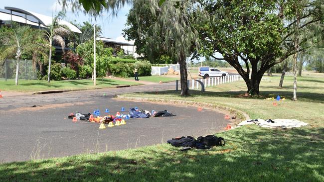 NT Police Major Crash Investigation Unit examining the scene of a suspected hit-and-run at Trower Rd, Brinkin, in which three people suffered serious injuries, April 19, 2024. Picture: Alex Treacy