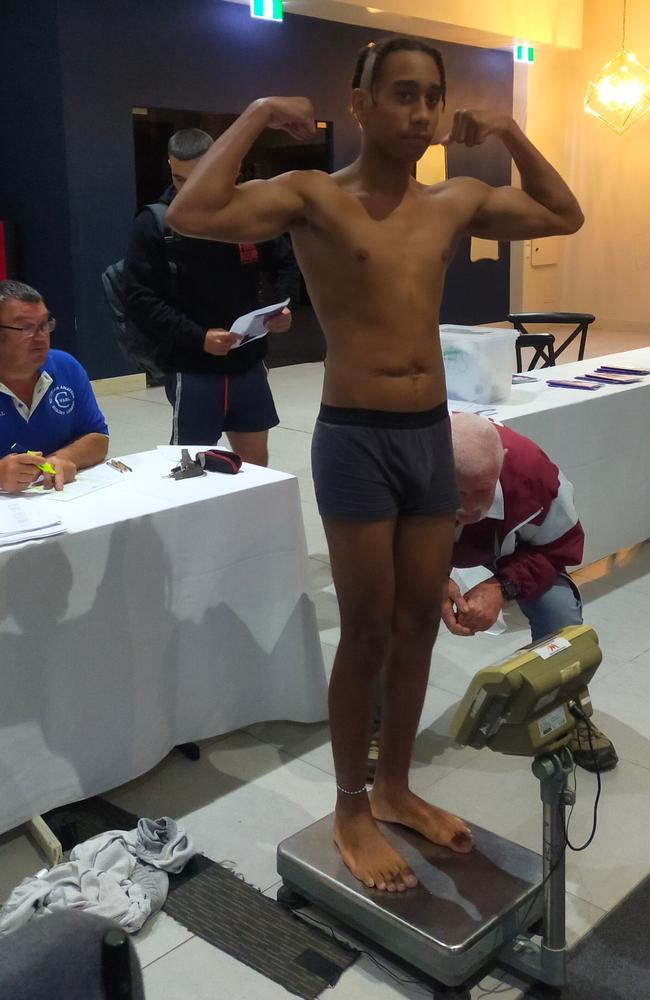 Junior boxing champ Earleeo Cole, 14, weighing in before his Australian Boxing League bout in December 2022.