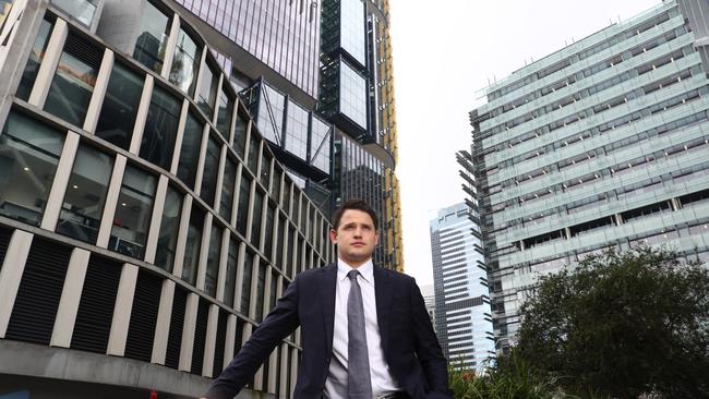 7/6/18: Lewis McLeod at the Barangaroo business district in Sydney. Lewis was falsely accused of a sex crime, never convicted in a court but still suffered enormously because of the way the university handled the situation. John Feder/The Australian.