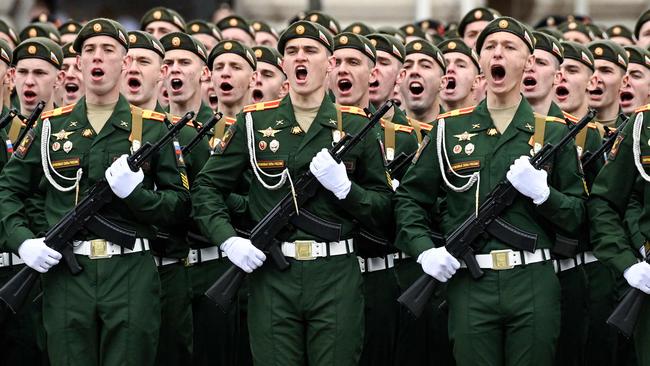 Russian soldiers at the Victory Day military parade at Red Square in Moscow. Picture: AFP.