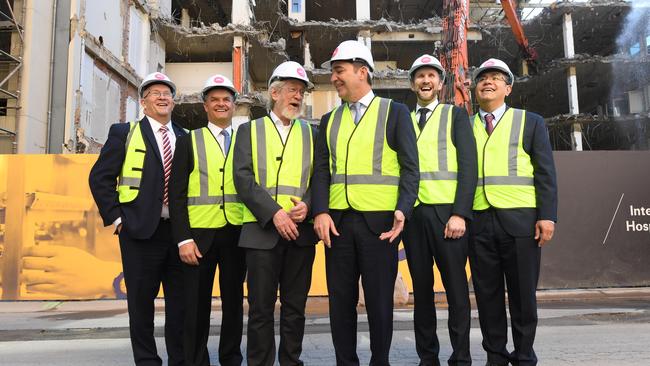 Trade Minister David Ridgway, BankSA boss Nick Reade, MIT Professor Sandy Pentland, Premier Steven Marshall, Optus Business managing director Simon Vatcher, and Dr Thomas Hardjono from MIT at the Lot Fourteen site on Thursday. Picture: Tricia Watkinson