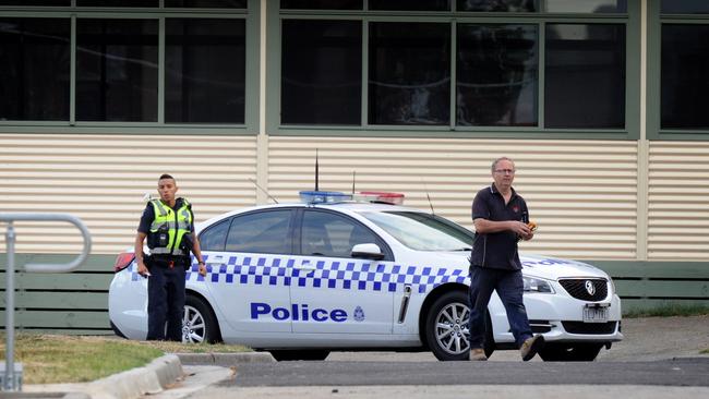 Police at Brentwood Secondary College this morning. Picture: Andrew Henshaw