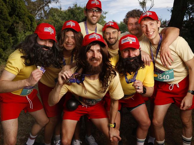 Cory Stone centre with some of his crew on his bucks weekend from Adelaide who all ran dressed as Forrest Gump.  2025 Cadbury Marathon.  Picture: Nikki Davis-Jones