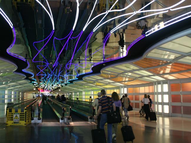 The ceiling says go straight! There’s also a long straight visual line at Chicago O’Hare Airport, US. Picture: Doc Searls