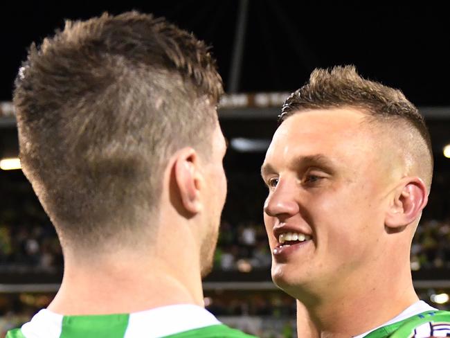 Jack Wighton and John Bateman of the Raiders celebrate after their win over the Rabbitohs during the NRL Preliminary Final match between the Canberra Raiders and South Sydney Rabbitohs at GIO Stadium in Canberra, Friday, September 27, 2019. (AAP Image/Dean Lewins) NO ARCHIVING, EDITORIAL USE ONLY