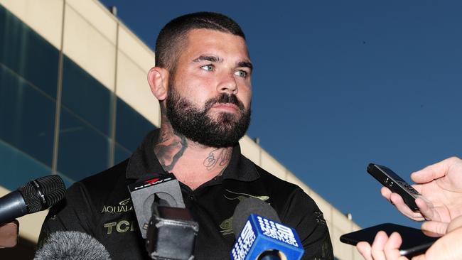 New Broncos signing Adam Reynolds talks to media at Brisbane Airport ahead of Magic Round. Picture Lachie Millard