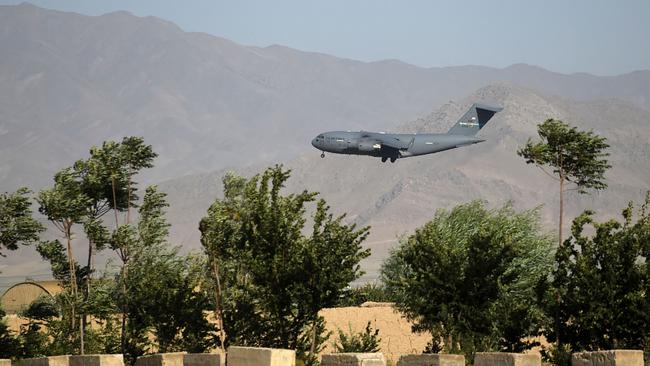 A US Air Force transport plane lands at the Bagram Air Base in July. Picture: AFP