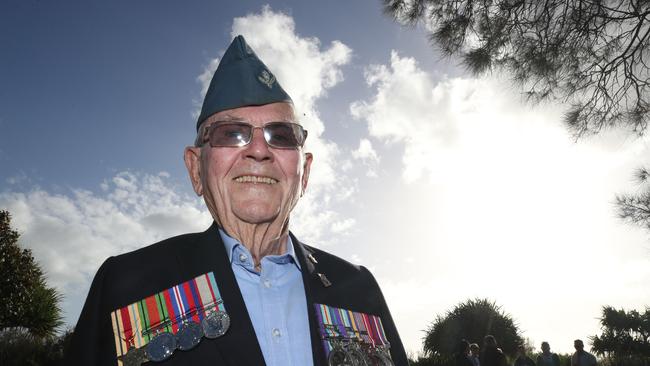 Attending the Anzac Day march on the Gold Coast Highway at Southport is Flight Lt Ian Melton, a Malayan Emergency Veteran. Picture: Glenn Hampson