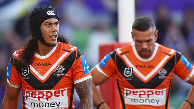 MELBOURNE, AUSTRALIA - MAY 11: Jarome Luai of the Tigers looks dejected after Ryan Papenhuyzen of the Storm scores a try during the round 10 NRL match between Melbourne Storm and Wests Tigers at AAMI Park, on May 11, 2025, in Melbourne, Australia. (Photo by Mike Owen/Getty Images)