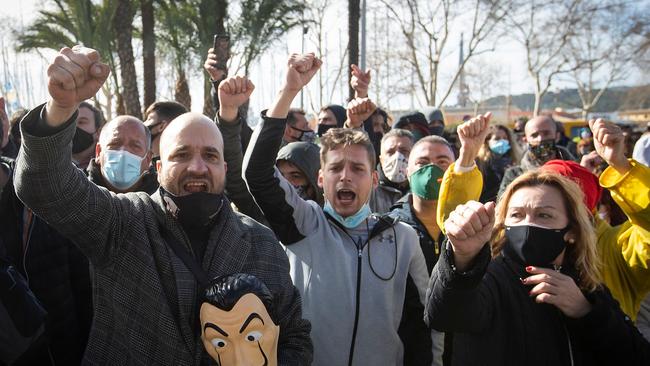 Demonstrators protest against restrictions imposed in restaurants by the regional government to contain a surge in coronavirus cases in Palma de Mallorca in January this year. Picture: AFP