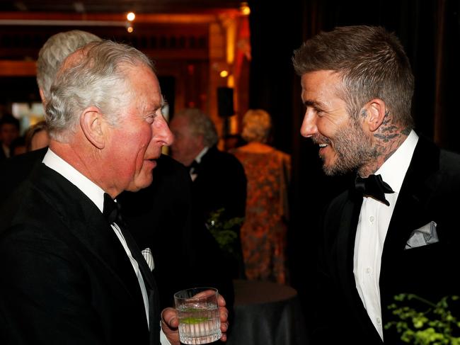 LONDON, ENGLAND - APRIL 04: (L-R) Prince Charles, Prince of Wales speaks with David Beckham prior to the "Our Planet" global premiere at Natural History Museum on April 4, 2019 in London, England. (Photo by John Sibley - WPA Pool/Getty Images)