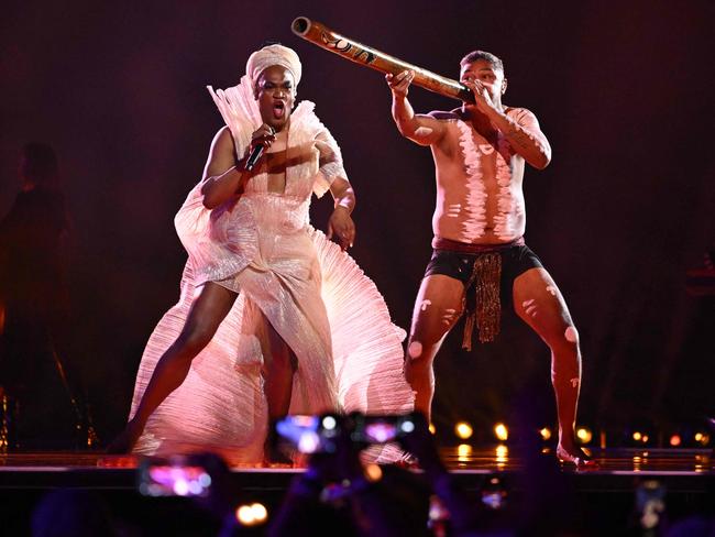 Australian singer Michael Ross and Zaachariaha Fielding, members of the band Electric Fields representing Australia with the song "One milkali (One blood)"  performs on stage during the first semi-final of the 68th edition of the Eurovision Song Contest (ESC) at the Malmo Arena, in Malmo, Sweden, on May 7, 2024. A week of Eurovision Song Contest festivities kicked off Saturday, on May 4, in the southern Swedish town of Malmo, with 37 countries taking part. The first semi-final takes place on Tuesday, May 7, the second on Thursday, May 9, and the grand final concludes the event on May 11. (Photo by Jessica Gow/TT / TT News Agency / AFP) / Sweden OUT