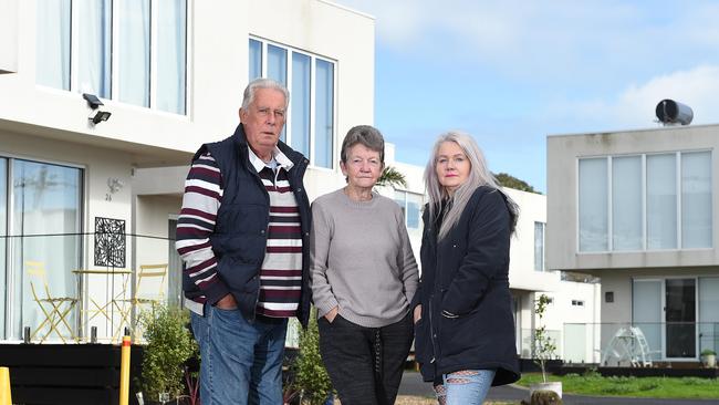 Retirees Russell Flack, Linda Marsh and Barb Nankivell are being kicked out of their homes after Peninsula Eco went bust. Picture: Josie Hayden