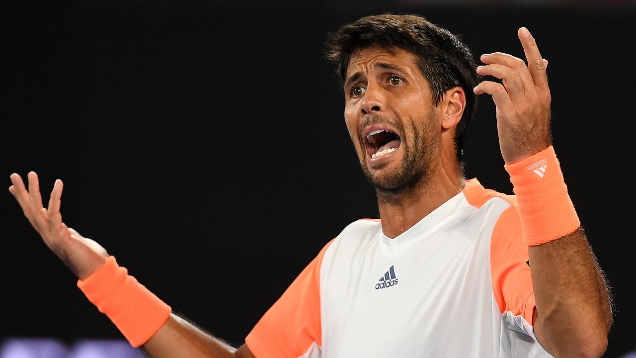 Fernando Verdasco reacts during play against Novak Djokovic on Rod Laver Arena in the opening round of last year’s the Australian Open, in Melbourne. Picture: Dean Lewins/AAP