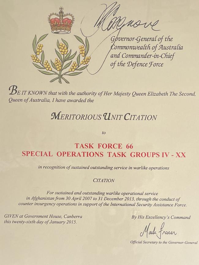 The Certificate for Meritorious Unit Citation for Gregory Sher, who died in a Taliban rocket attack in Uruzgan province in 2009.