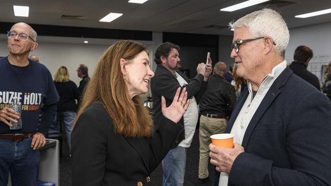Groom Independent Suzie Holt talks to Cr Bill Cahill at campaign headquarters on federal election night, Saturday, May 3, 2025. Picture: Kevin Farmer