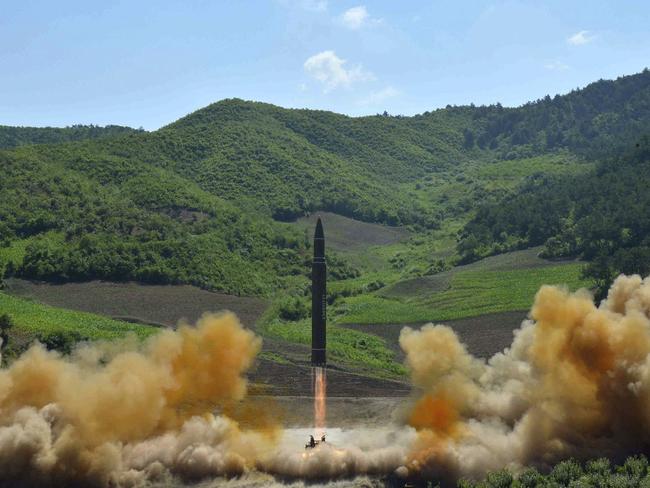 This July 4, 2017 is said to be the launch of a Hwasong-14 intercontinental ballistic missile in North Korea. Picture: Korean Central News Agency/Korea News Service/AP