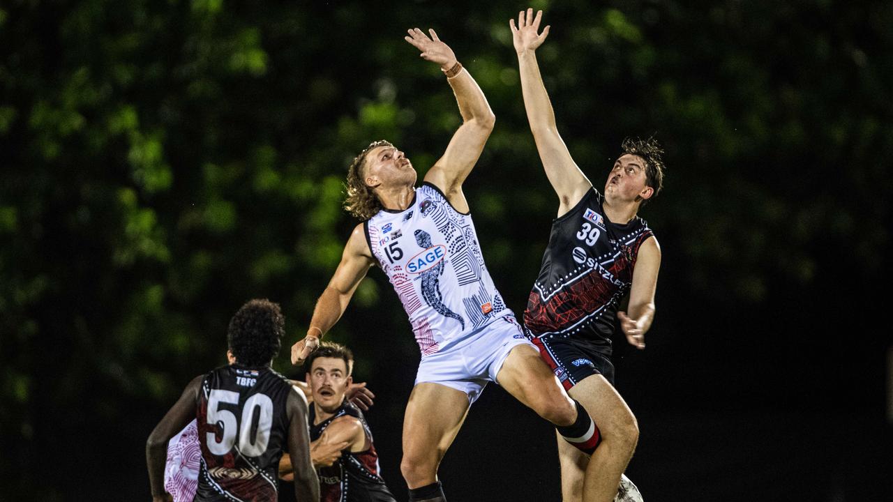 Wyatt Ryan and Jackson Broadbent as Southern Districts took on the Tiwi Bombers in Round 3 of the 2024-25 NTFL season. Picture: Pema Tamang Pakhrin