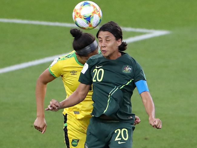 GRENOBLE, FRANCE - JUNE 18: Sam Kerr of Australia scores her team's first goal during the 2019 FIFA Women's World Cup France group C match between Jamaica and Australia at Stade des Alpes on June 18, 2019 in Grenoble, France. (Photo by Maja Hitij/Getty Images)