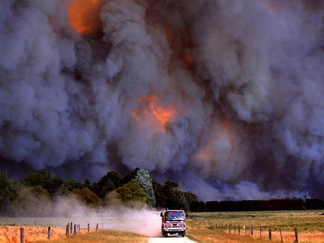 A CFA fire truck during Victoria’s Black Saturday Bushfires. Picture: Alex Coppel