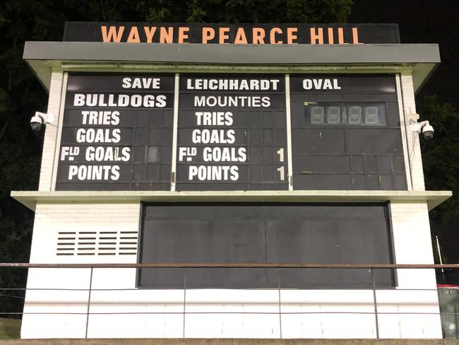 The iconic Leichhardt Oval scoreboard shows Mounties’ historic 1-0 Harvey Norman Women's Premiership grand final victory over Canterbury. Picture: Sean Teuma