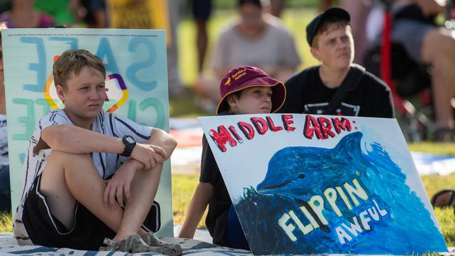 More than a hundred gathered to protest Middle Arm ahead of the second day of public hearings about the proposed development in Darwin. Picture: Pema Tamang Pakhrin